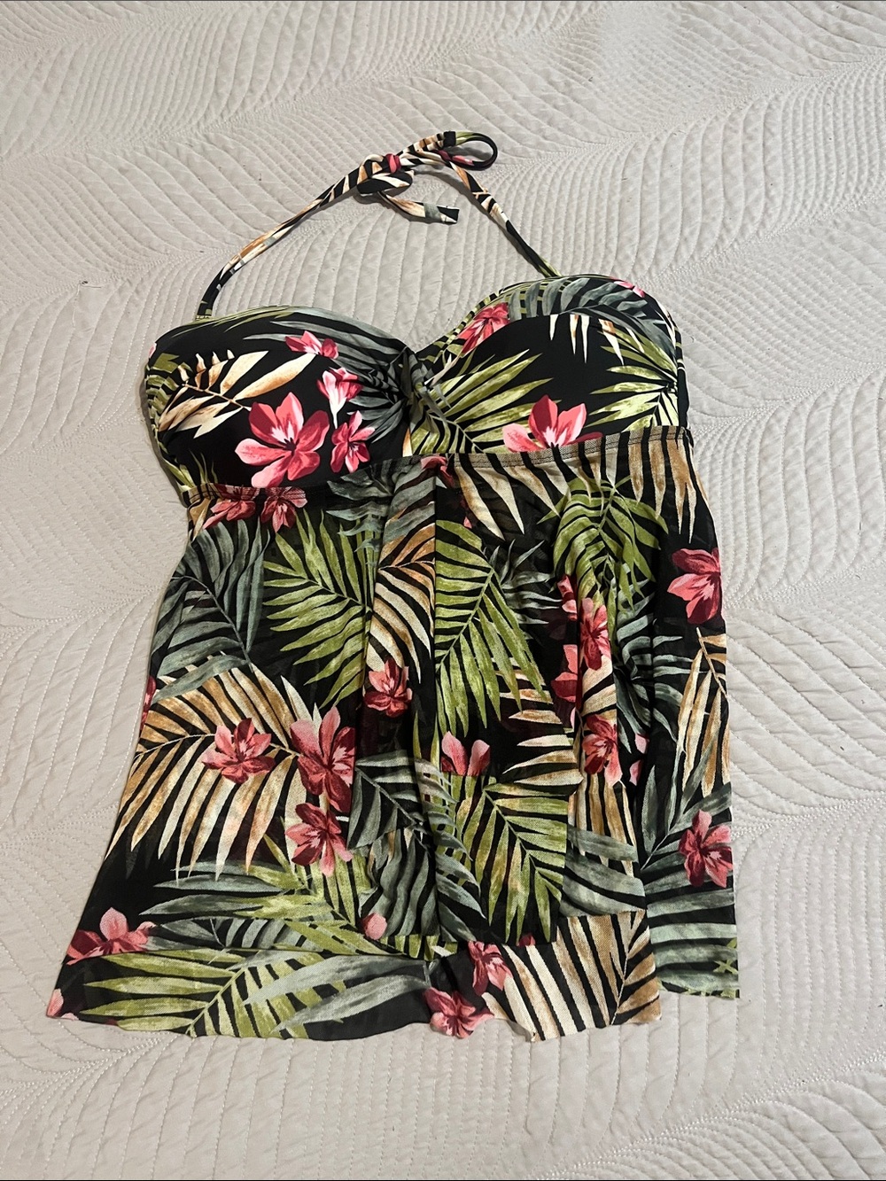 Kona Sol Black Tropical Bandeau Halter Camisole with Pink & Green Floral